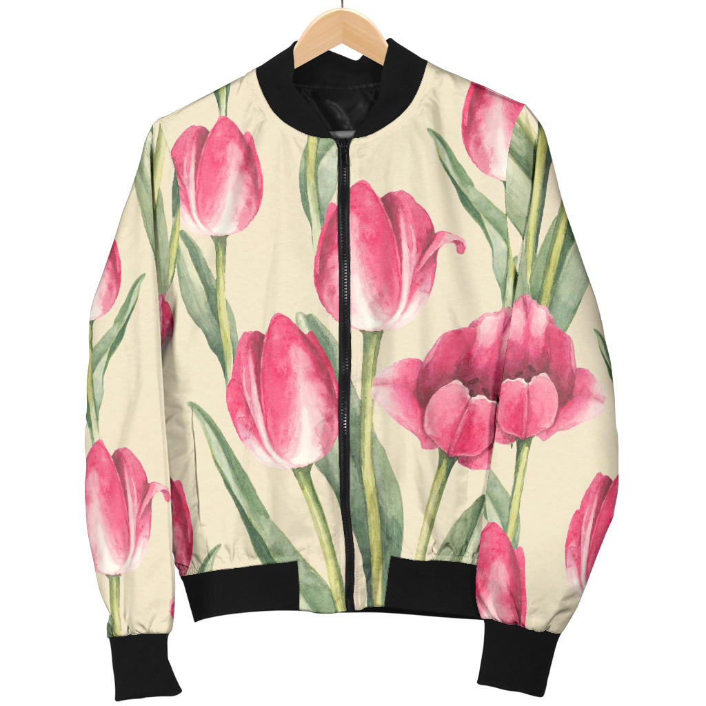 Tulip Pink Pattern Print Design TP06 Women Bomber Jacket
