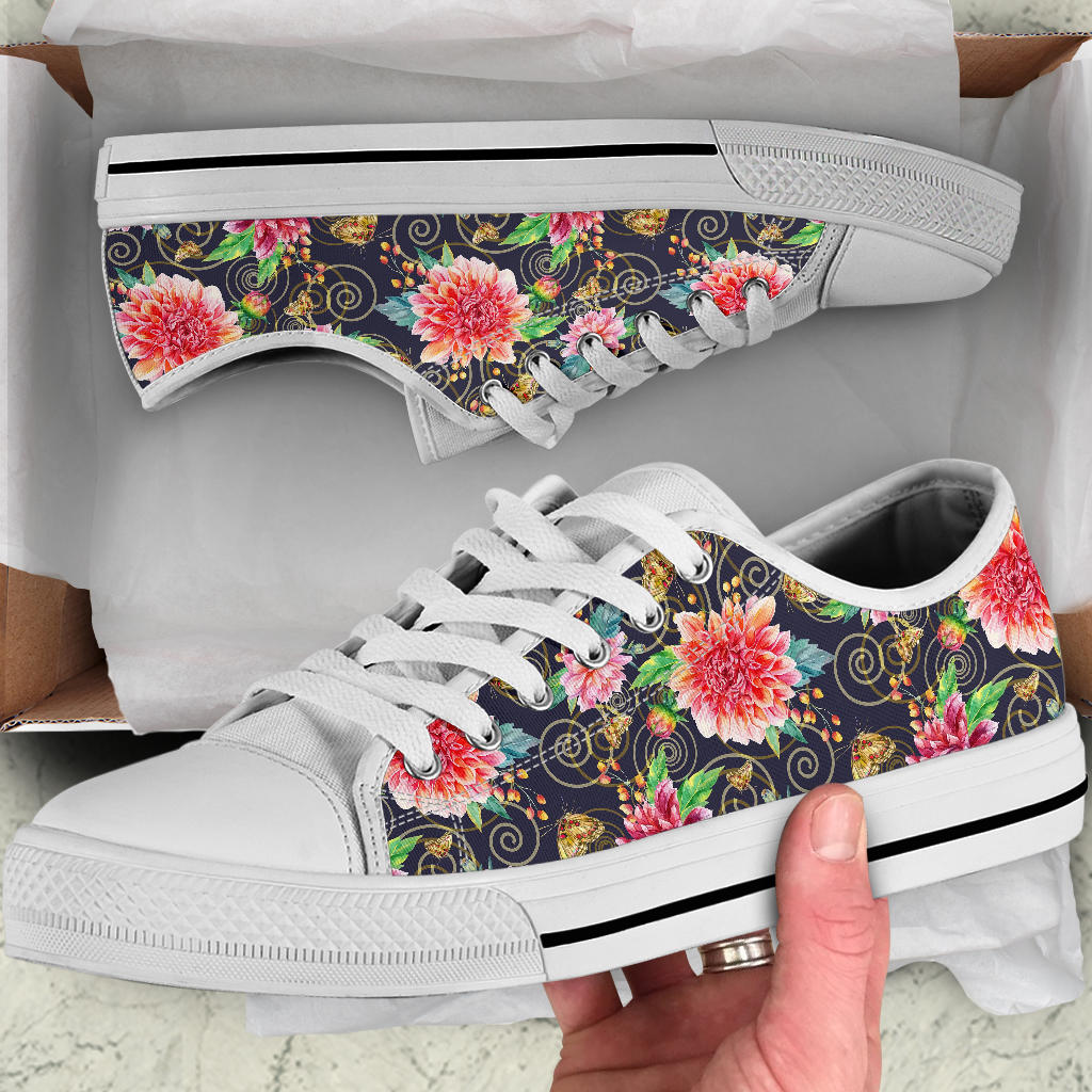 Dahlia Pattern Print Design DH02 White Bottom Low Top Shoes