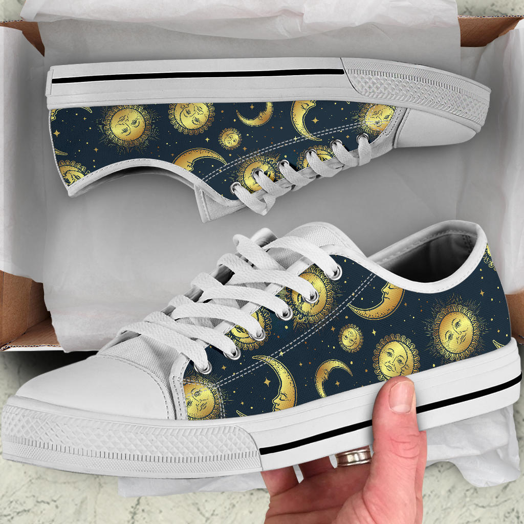 Gold Sun Moon Face White Bottom Low Top Shoes