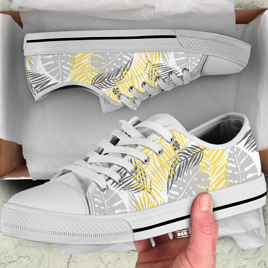 Palm Leaves Pattern Print Design PL012 White Bottom Low Top Shoes