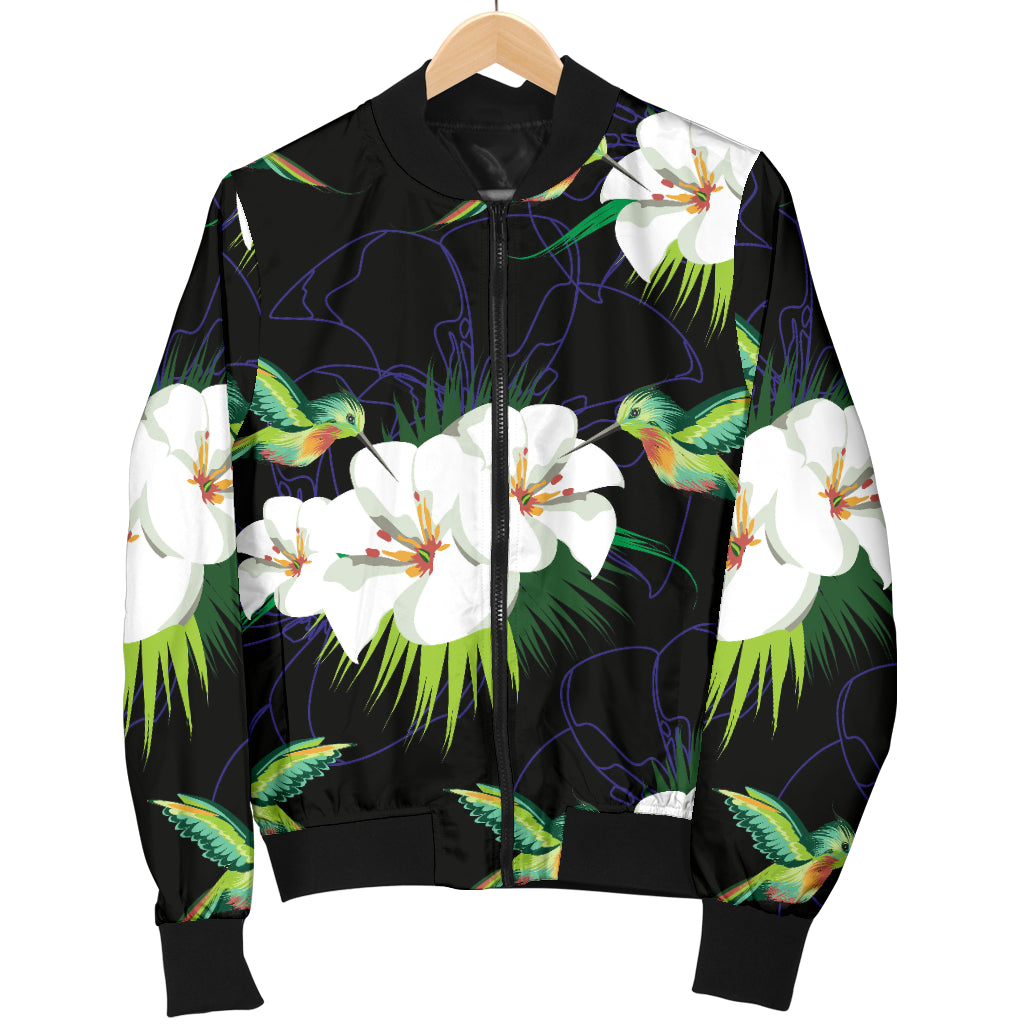 Hummingbird with Flower Pattern Print Design 03 Women's Bomber Jacket