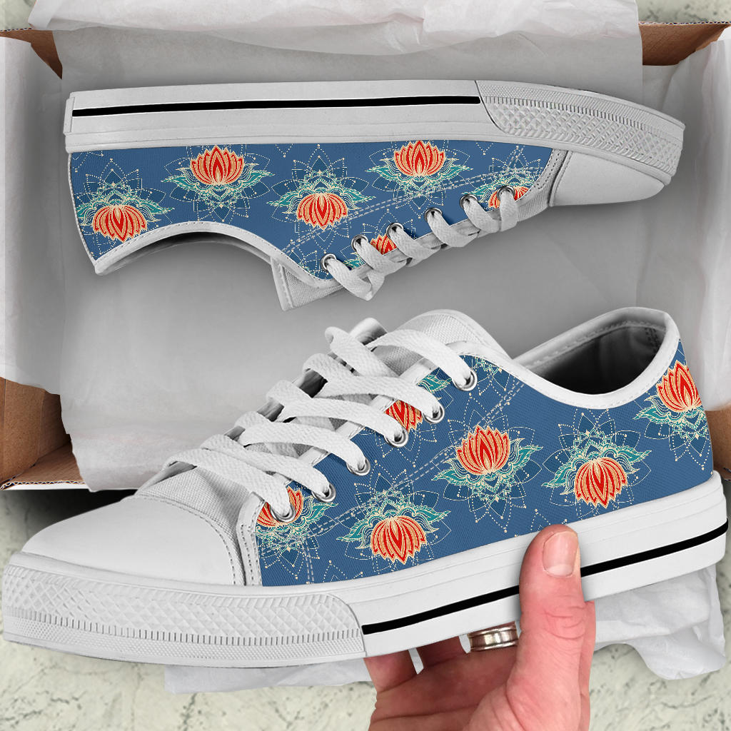 lotus Boho Pattern Print Design LO07 White Bottom Low Top Shoes
