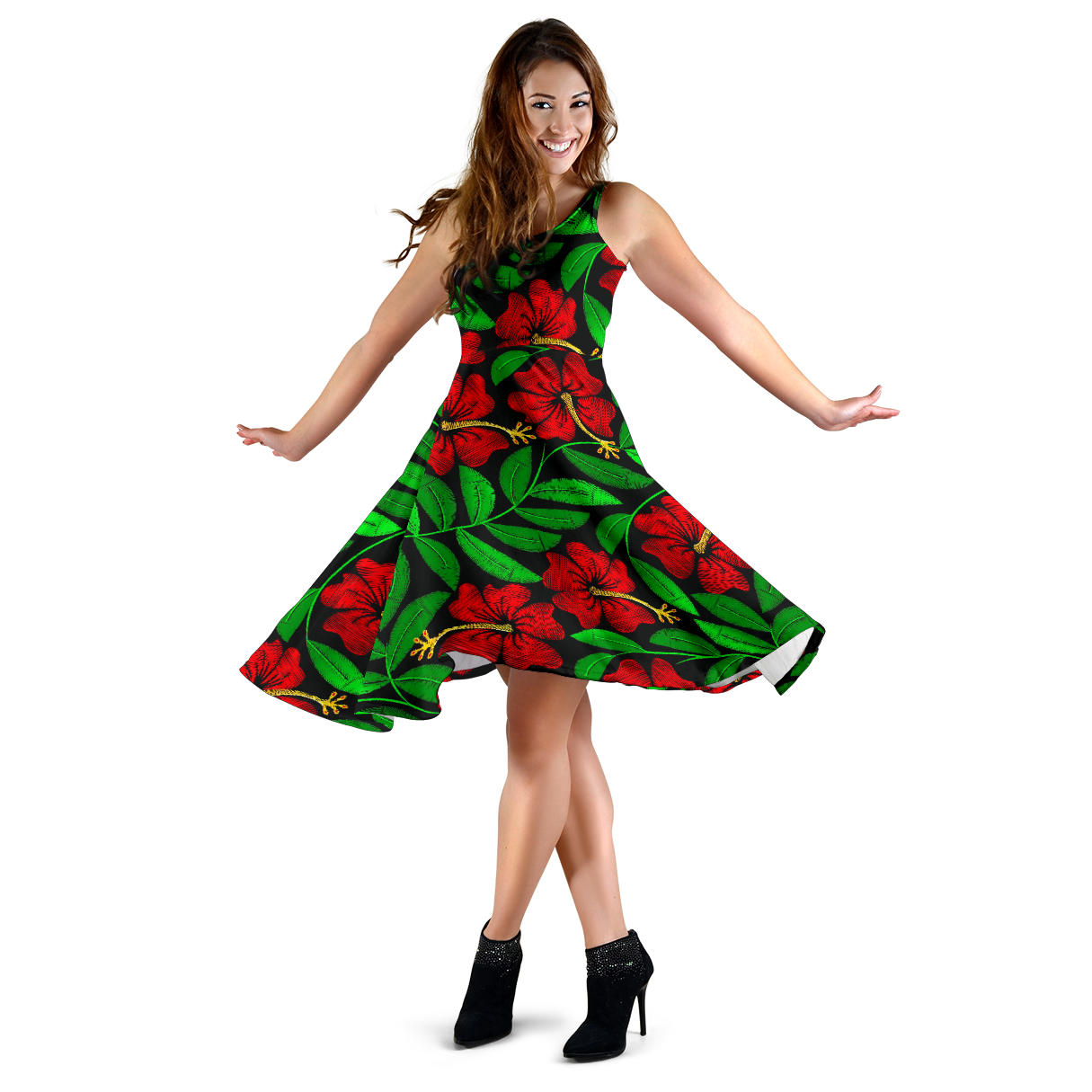 Red Hibiscus Embroidered Pattern Print Design HB032 Midi Dress