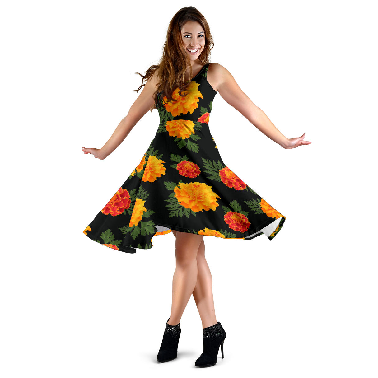 Marigold Pattern Print Design MR05 Midi Dress