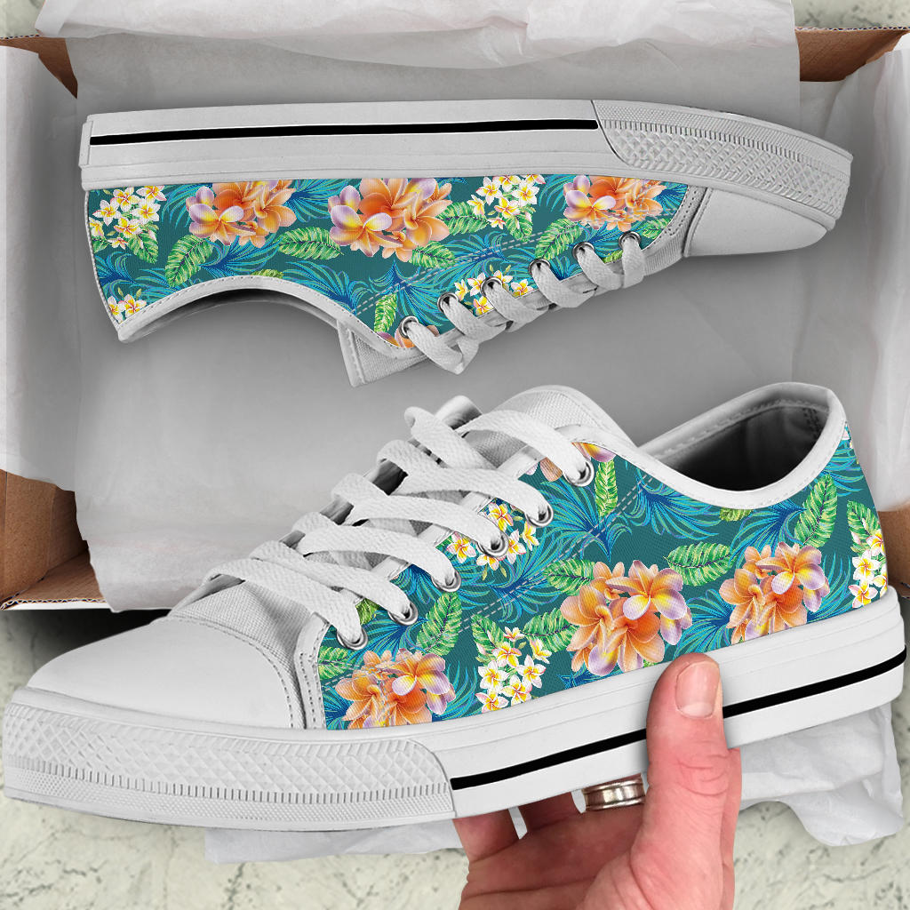 Plumeria Tropical Flower Design Print White Bottom Low Top Shoes