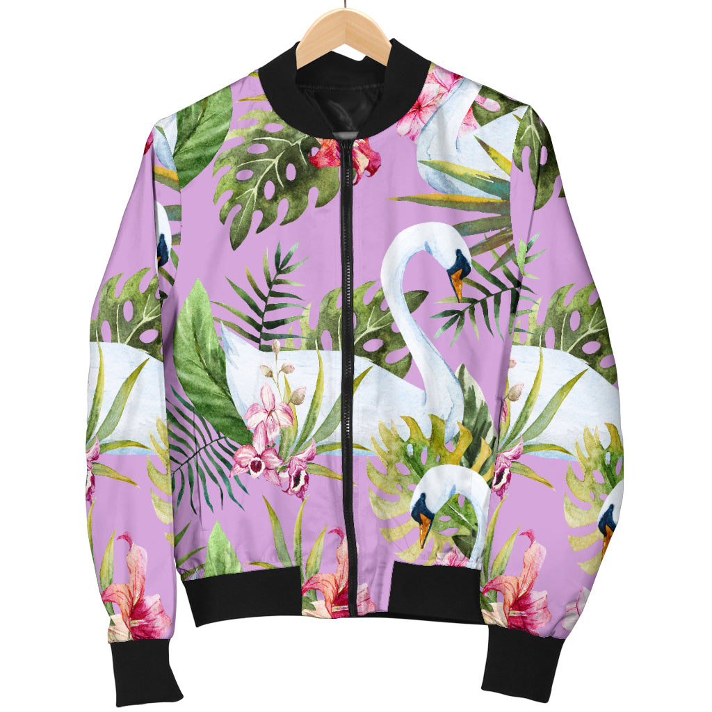 Swan with Flower Pattern Print Design 01 Women's Bomber Jacket