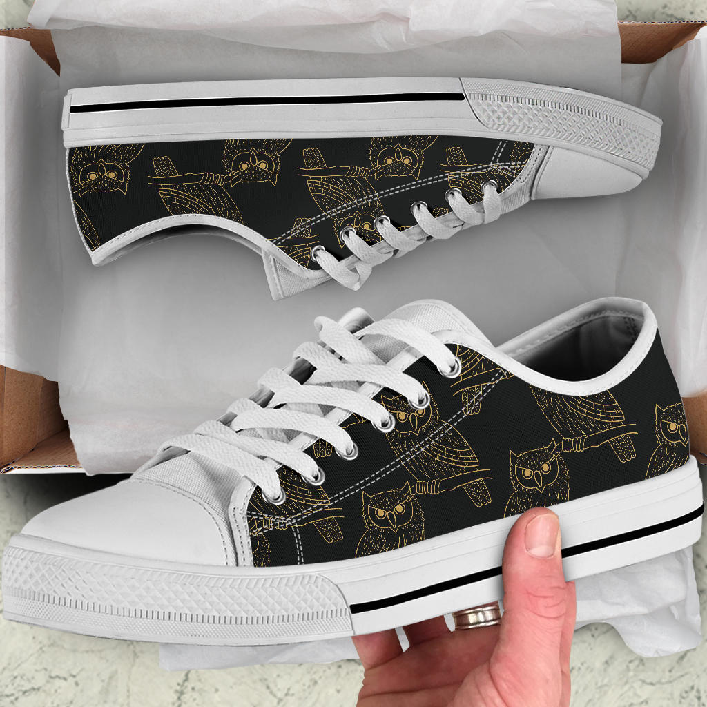 Gold Owl Pattern White Bottom Low Top Shoes