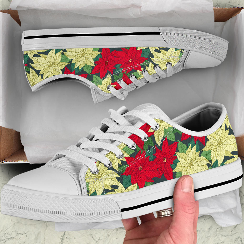 Poinsettia Pattern Print Design POT06 White Bottom Low Top Shoes