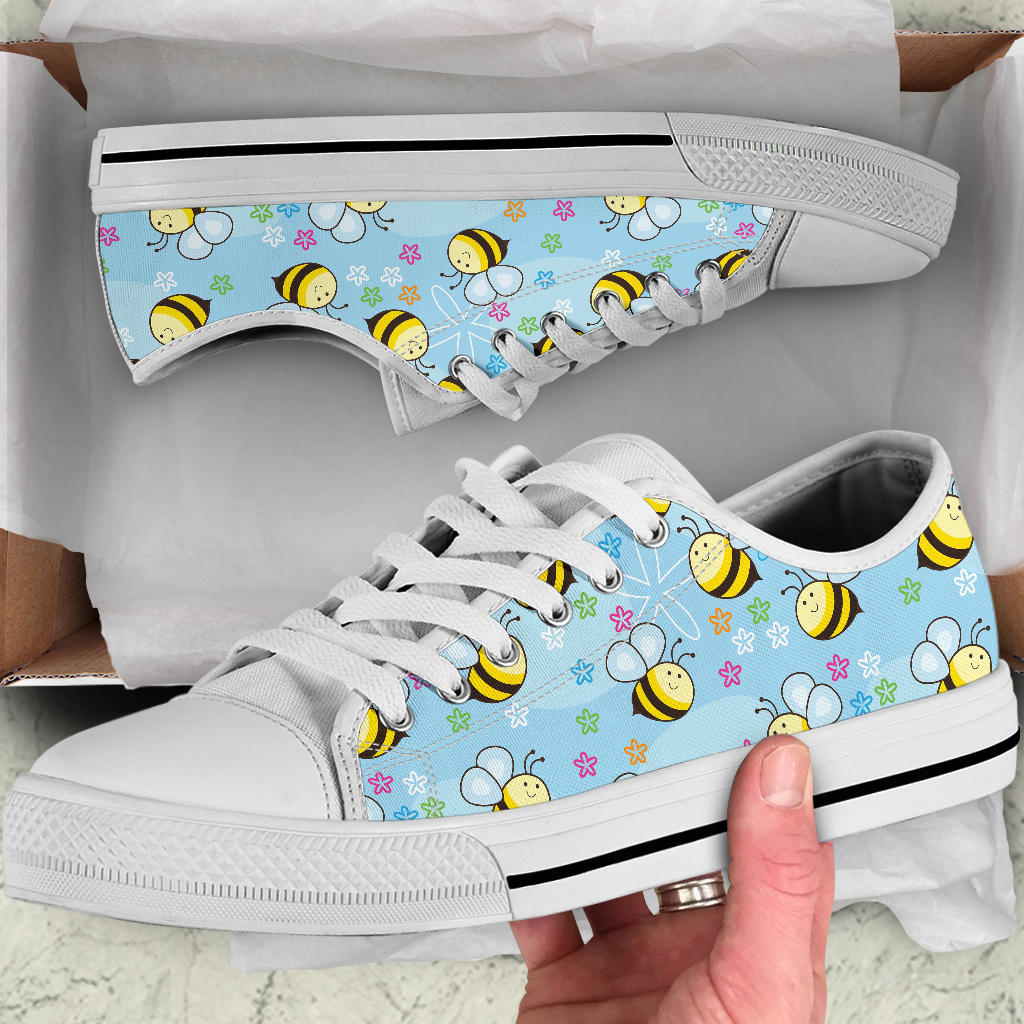 Bee Pattern Print Design BEE03 White Bottom Low Top Shoes