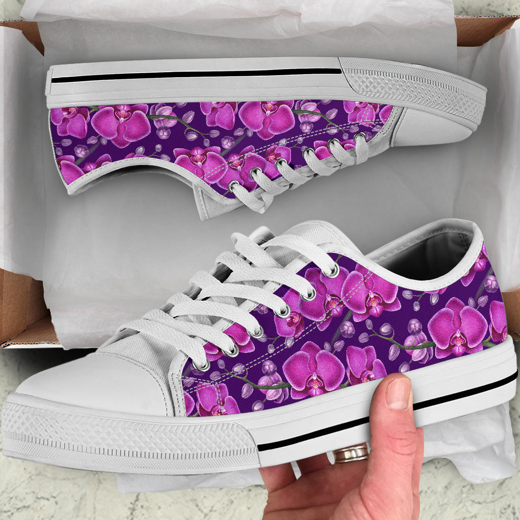 Orchid Purple Pattern Print Design OR02 White Bottom Low Top Shoes