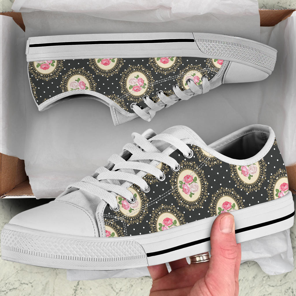 Rose Pattern Print Design RO015 White Bottom Low Top Shoes