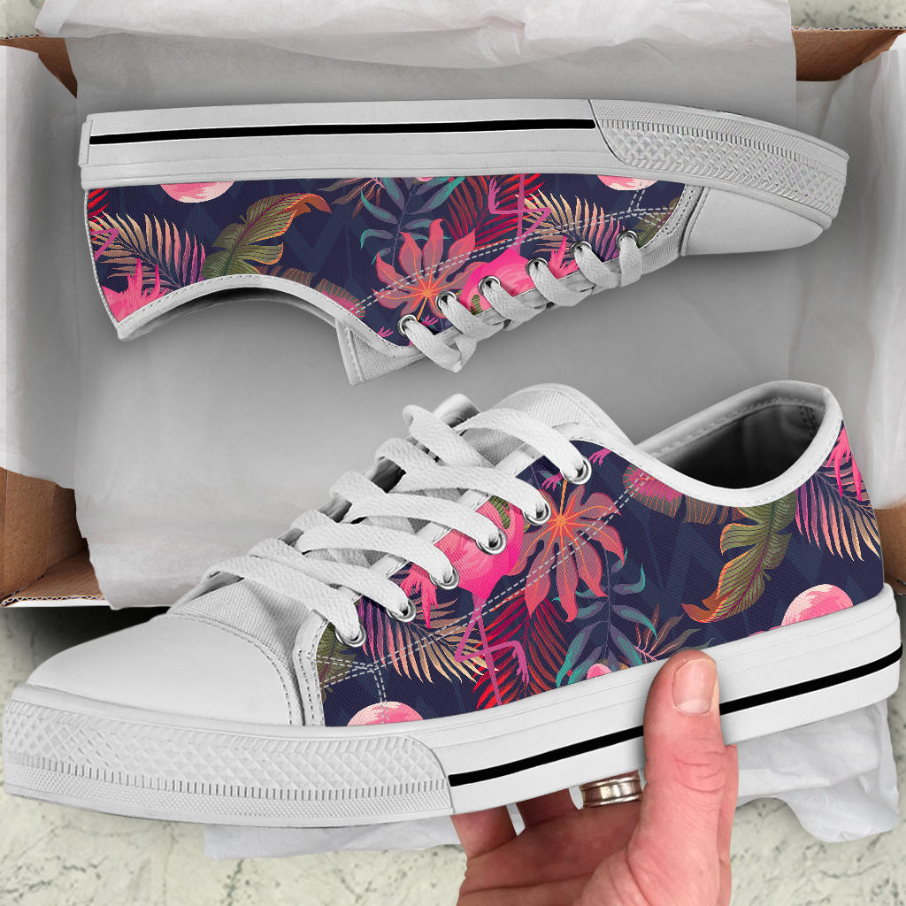 Flamingo Tropical Pattern White Bottom Low Top Shoes