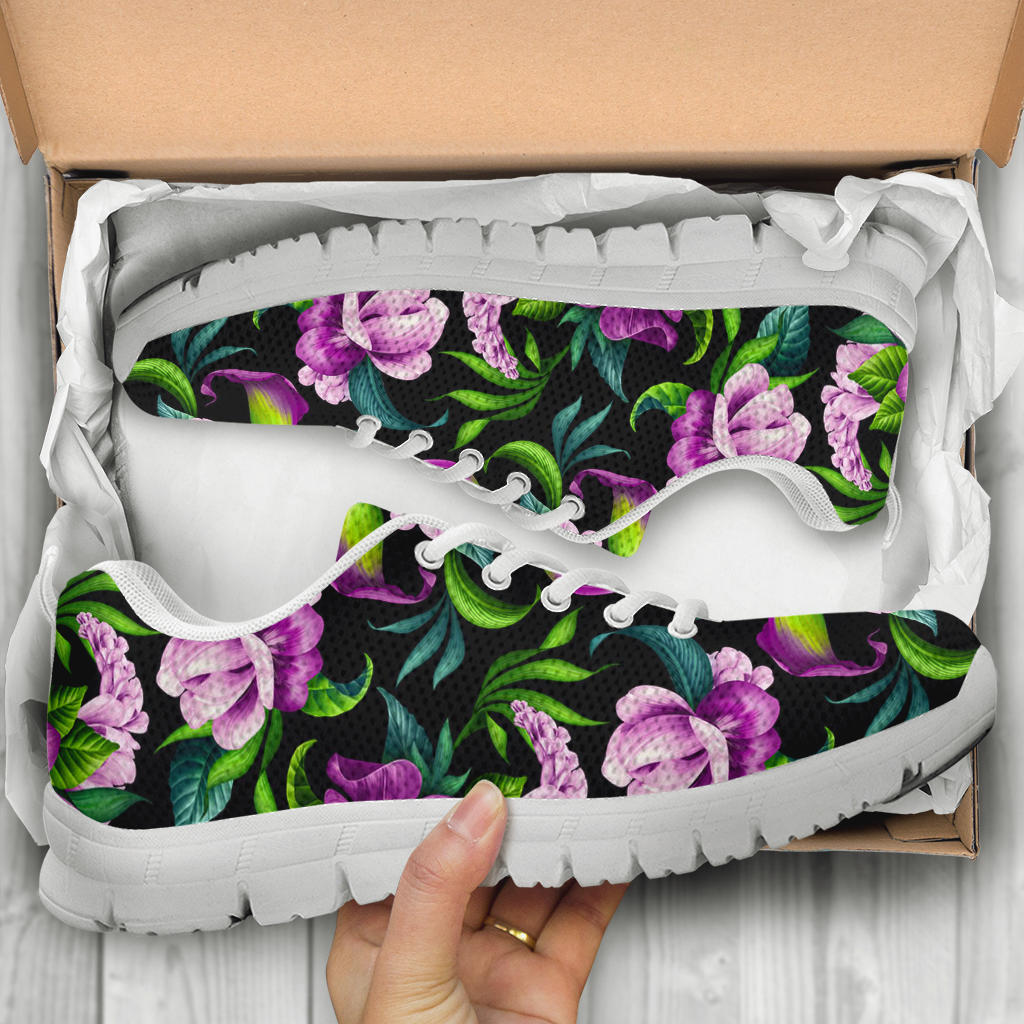 Bright Purple Floral Pattern Sneakers White Bottom Shoes