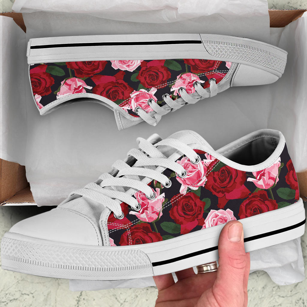 Rose Red Pink Pattern Print Design RO01 White Bottom Low Top Shoes