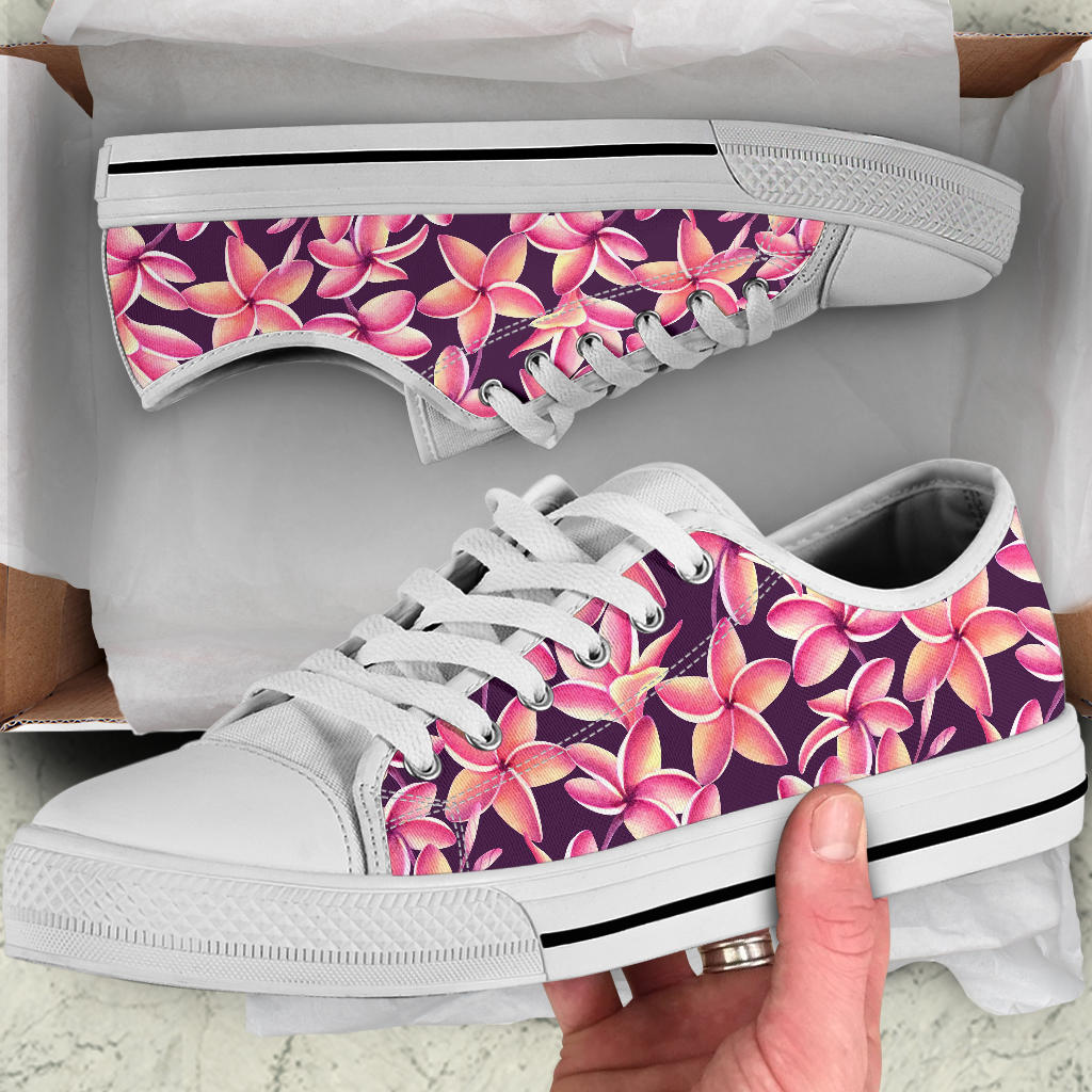 Purple Plumeria Pattern Print Design PM010 White Bottom Low Top Shoes