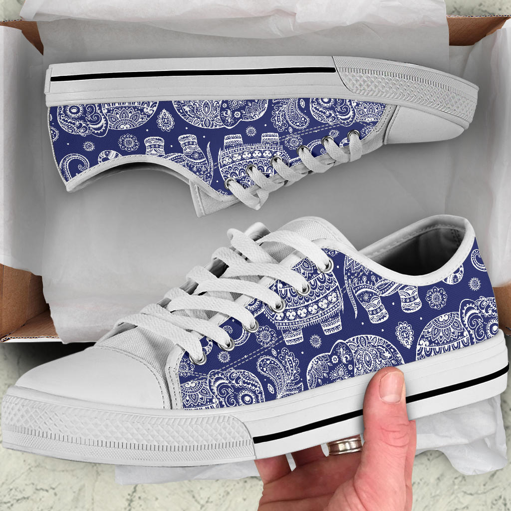 White Elephant Mandala White Bottom Low Top Shoes