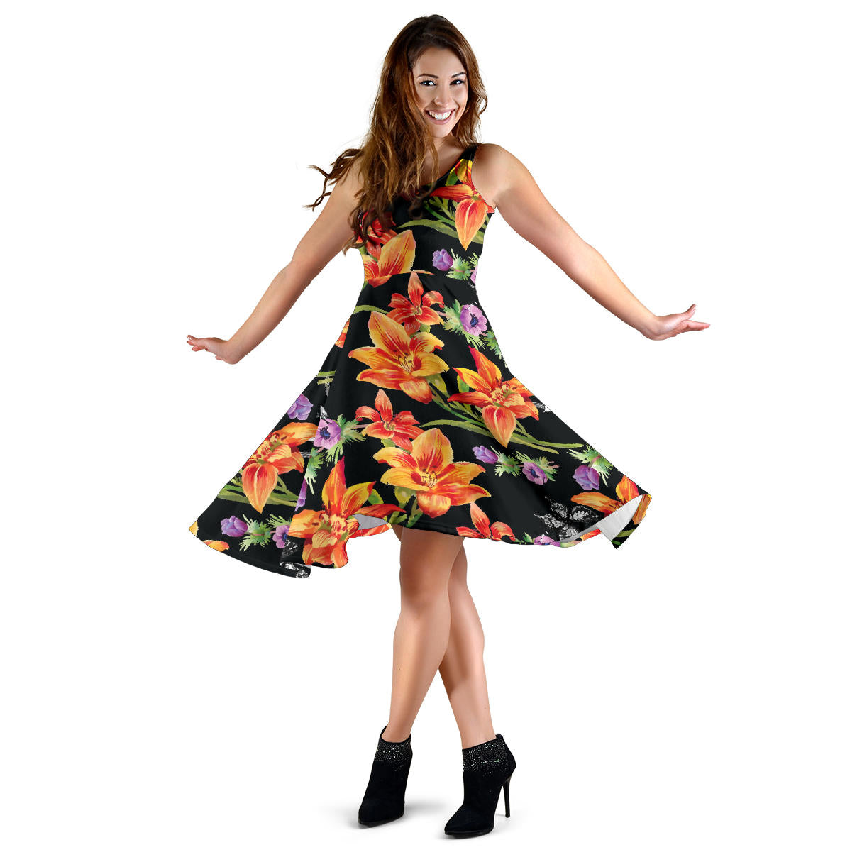 Tropical Flower Pattern Print Design TF02 Midi Dress