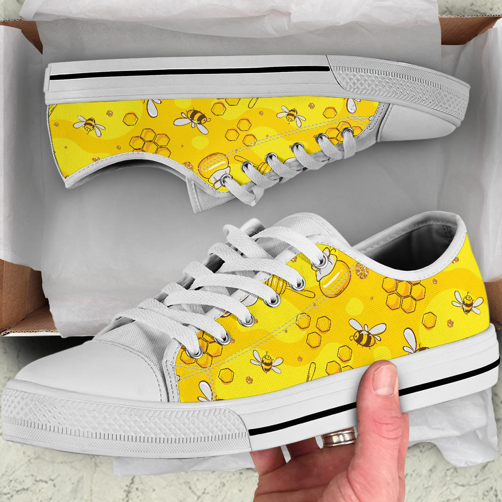 Bee Pattern Print Design BEE01 White Bottom Low Top Shoes