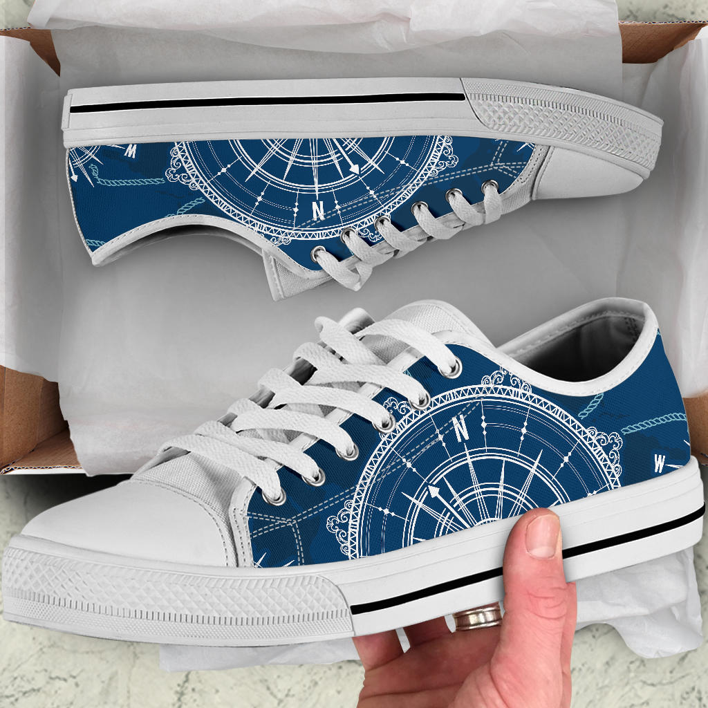 Nautical Compass Print White Bottom Low Top Shoes