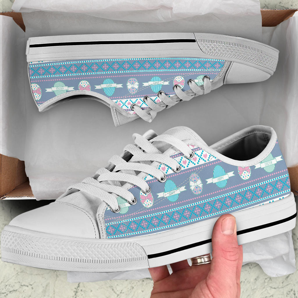 Easter Eggs Pattern Print Design RB013 White Bottom Low Top Shoes