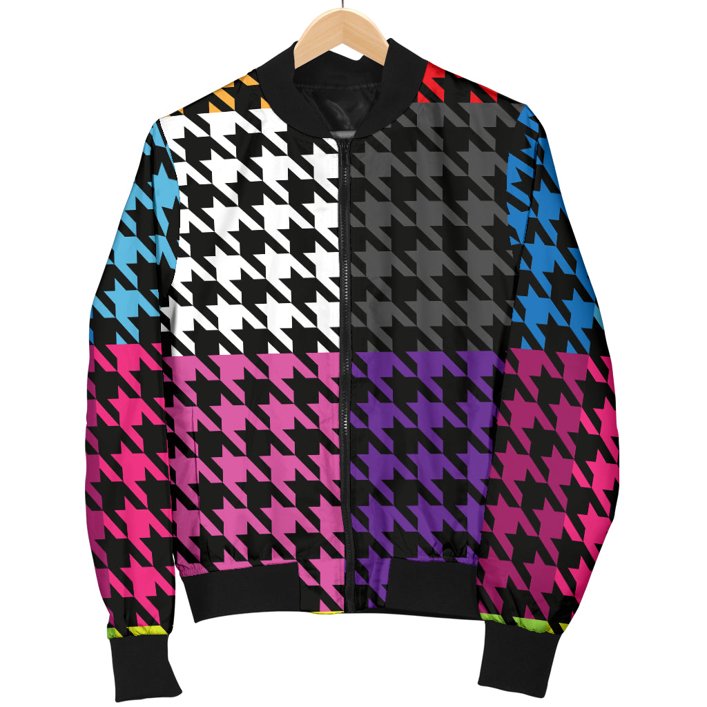 Houndstooth Colorful Pattern Print Design 01 Women's Bomber Jacket