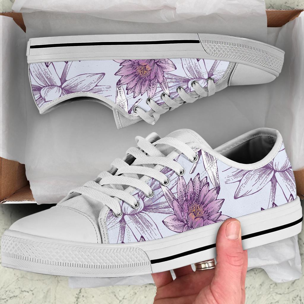 Water Lily Pattern Print Design WL01 White Bottom Low Top Shoes