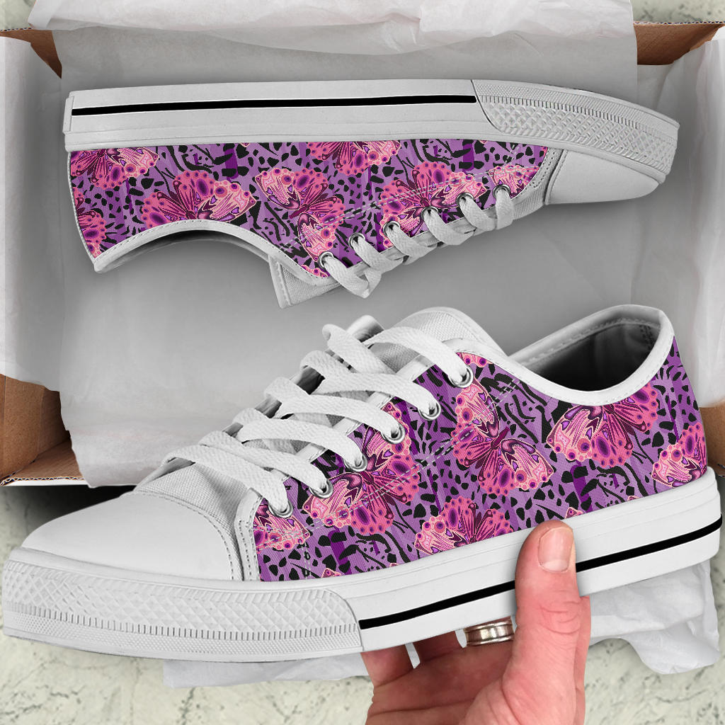 Purple Butterfly Leopard White Bottom Low Top Shoes