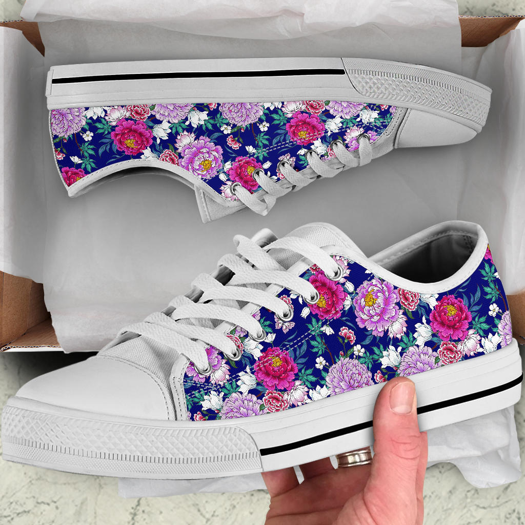 Dahlia Pattern Print Design DH013 White Bottom Low Top Shoes