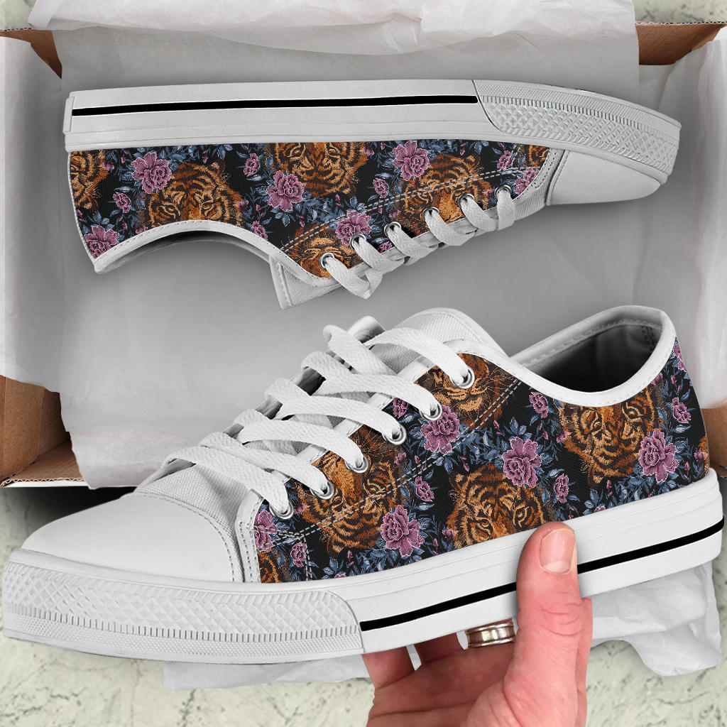Tiger Head Floral White Bottom Low Top Shoes