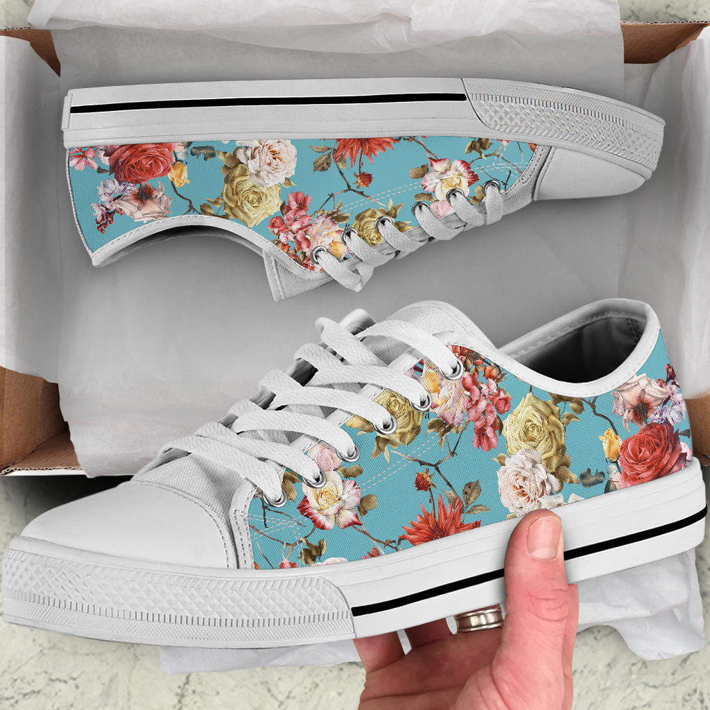 Summer Floral Pattern Print Design SF05 White Bottom Low Top Shoes