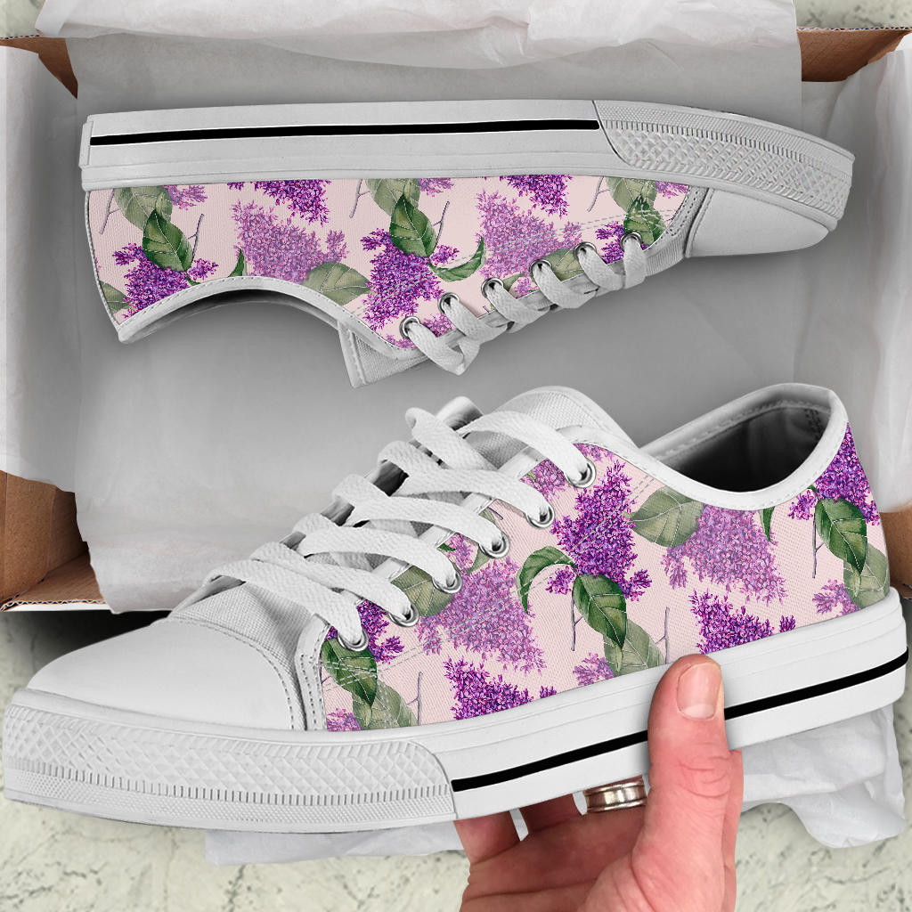 Lilac Pattern Print Design LI02 White Bottom Low Top Shoes