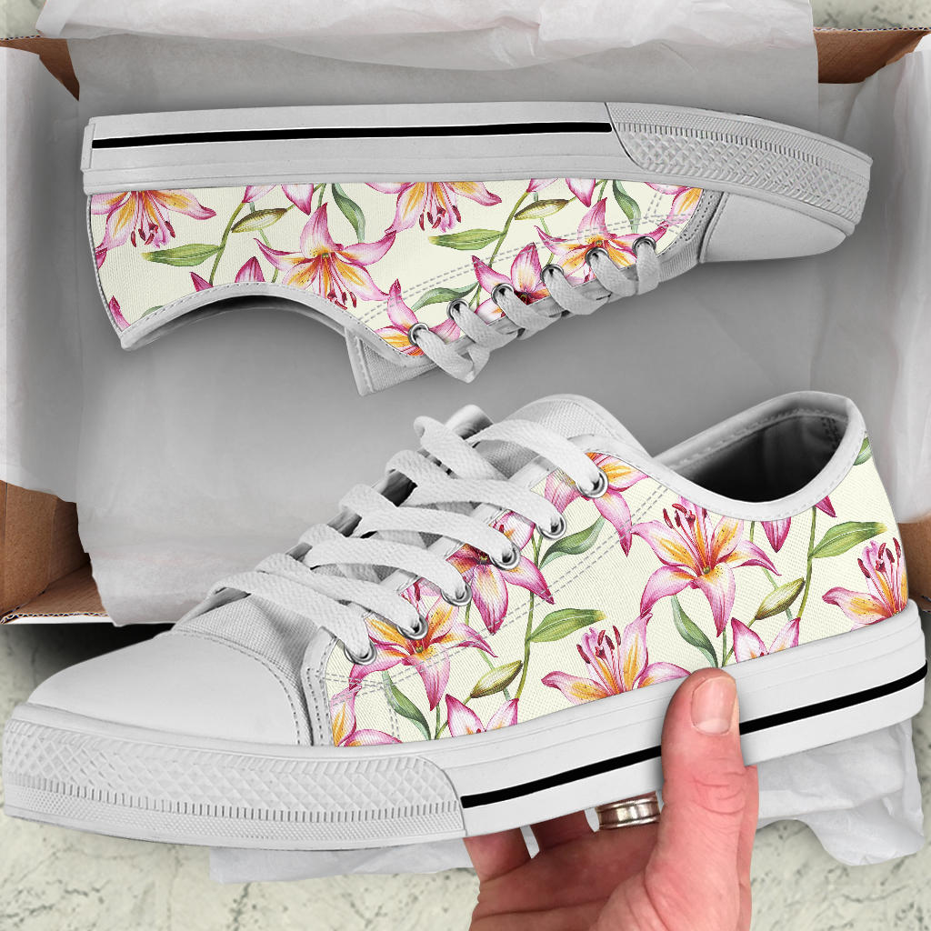 Lily Pattern Print Design LY011 White Bottom Low Top Shoes