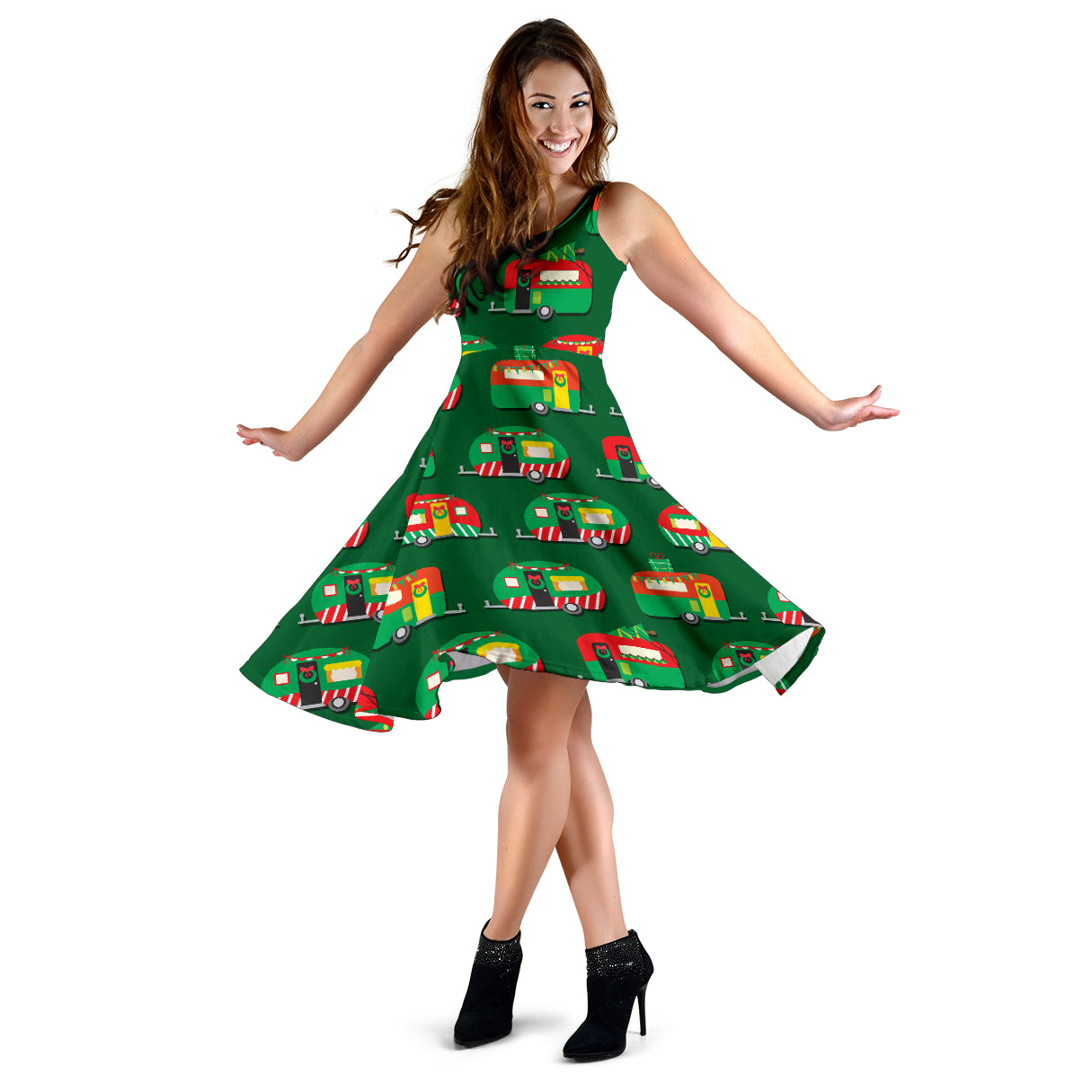 Camper Camping Christmas Themed Print Midi Dress