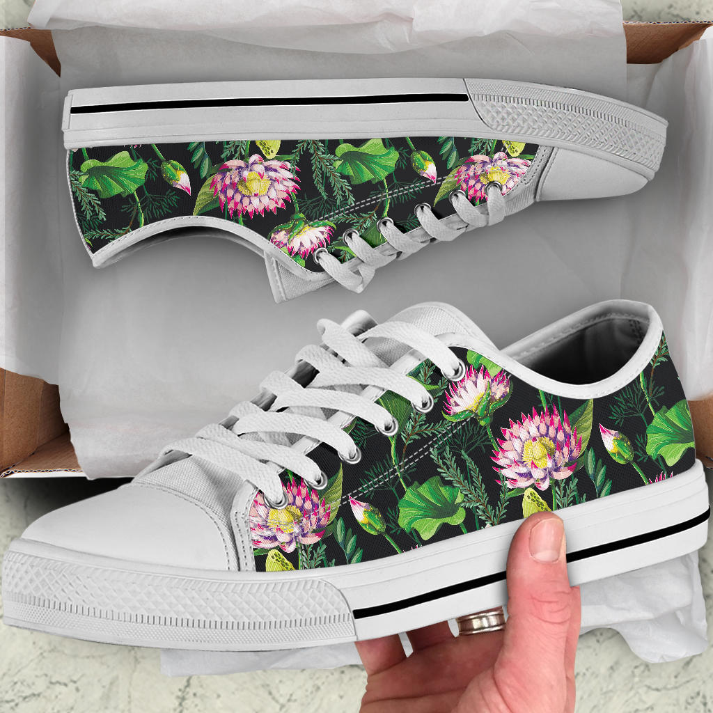 Water Lily Pattern Print Design WL010 White Bottom Low Top Shoes
