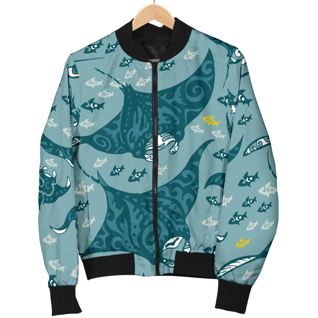 Manta Ray Tribal Pattern Print Design 03 Women's Bomber Jacket