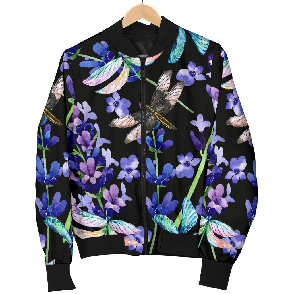 Lavender Dragonfly Pattern Print Design LV03 Women Bomber Jacket