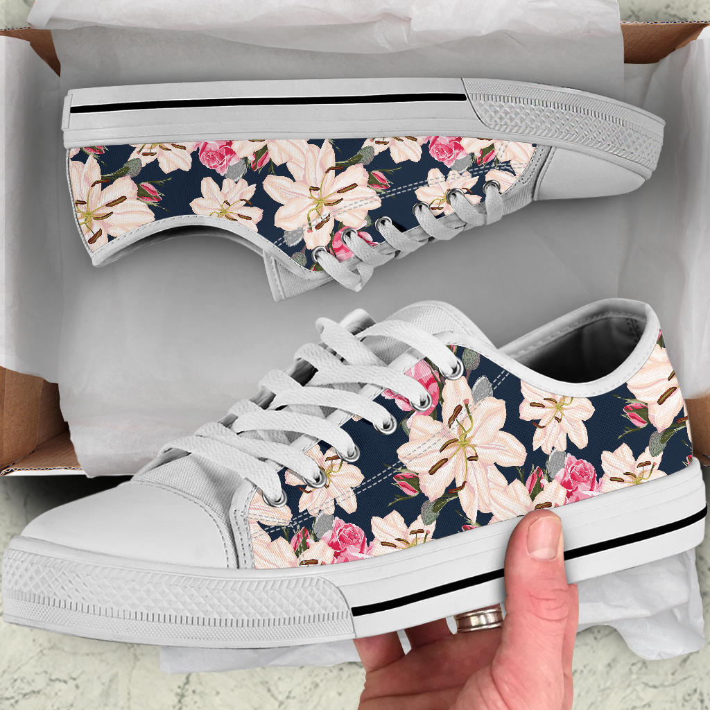Lily Pattern Print Design LY04 White Bottom Low Top Shoes