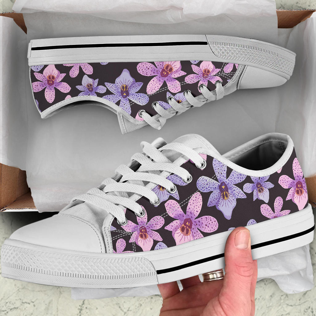 Orchid Pattern Print Design OR08 White Bottom Low Top Shoes