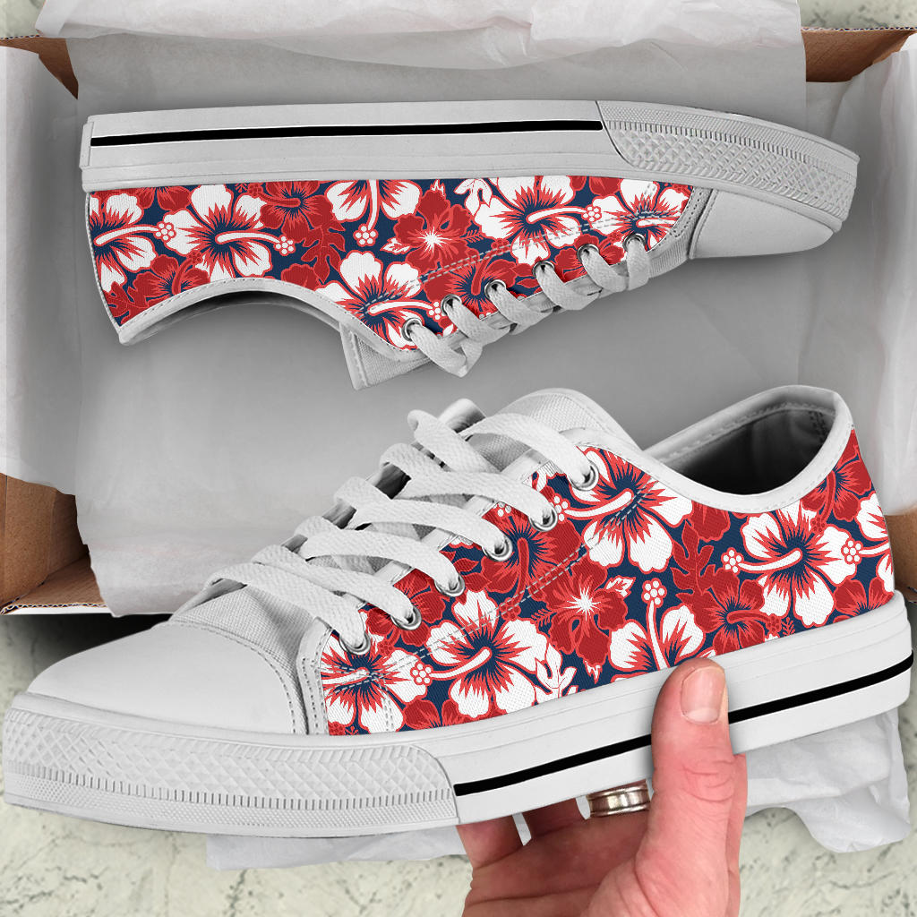 Red Hibiscus Pattern Print Design HB01 White Bottom Low Top Shoes