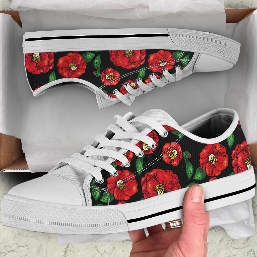 Camellia Pattern Print Design CM07 White Bottom Low Top Shoes
