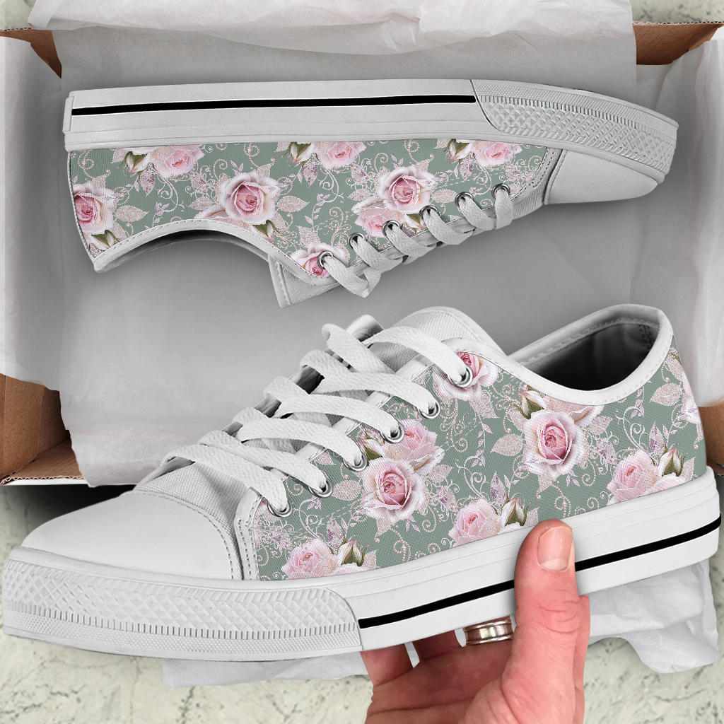Rose White Pattern Print Design RO012 White Bottom Low Top Shoes