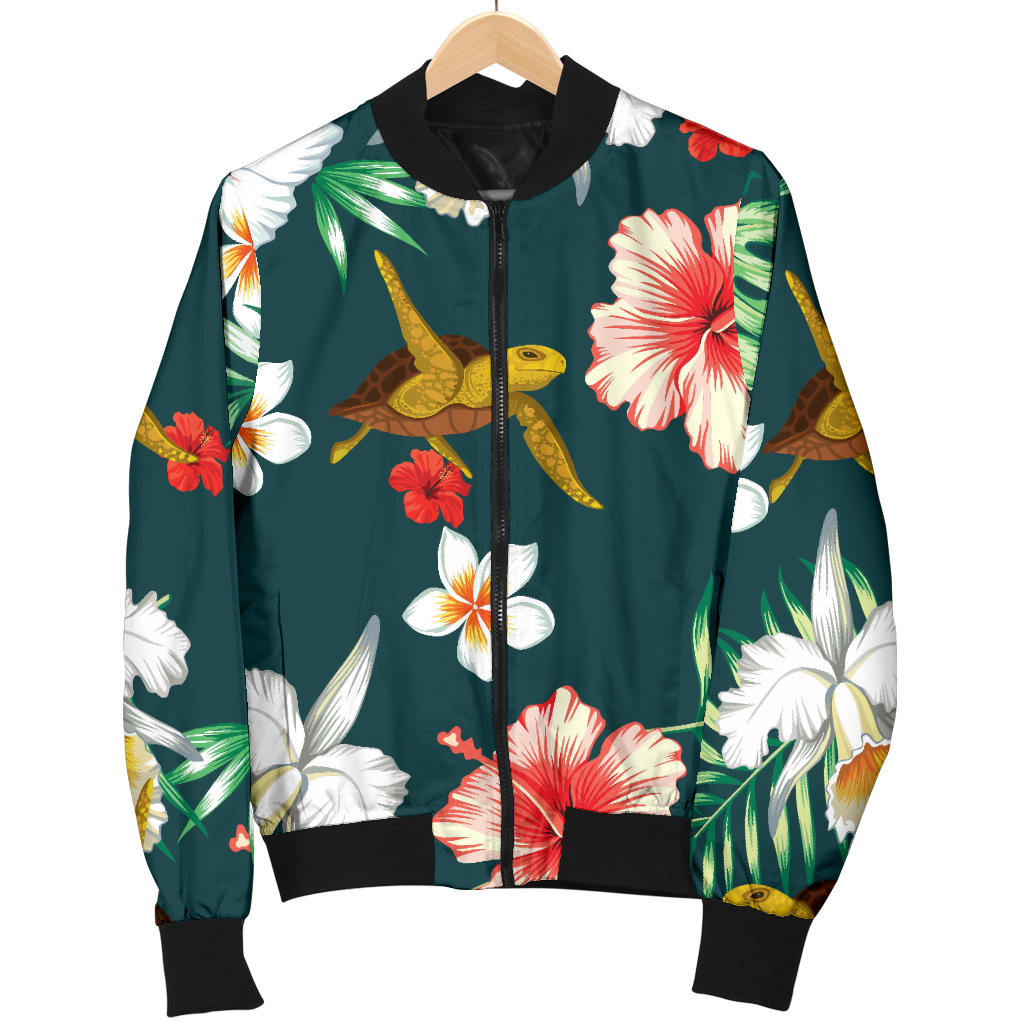 Hawaiian Flower Design with SeaTurtle Print Women Bomber Jacket