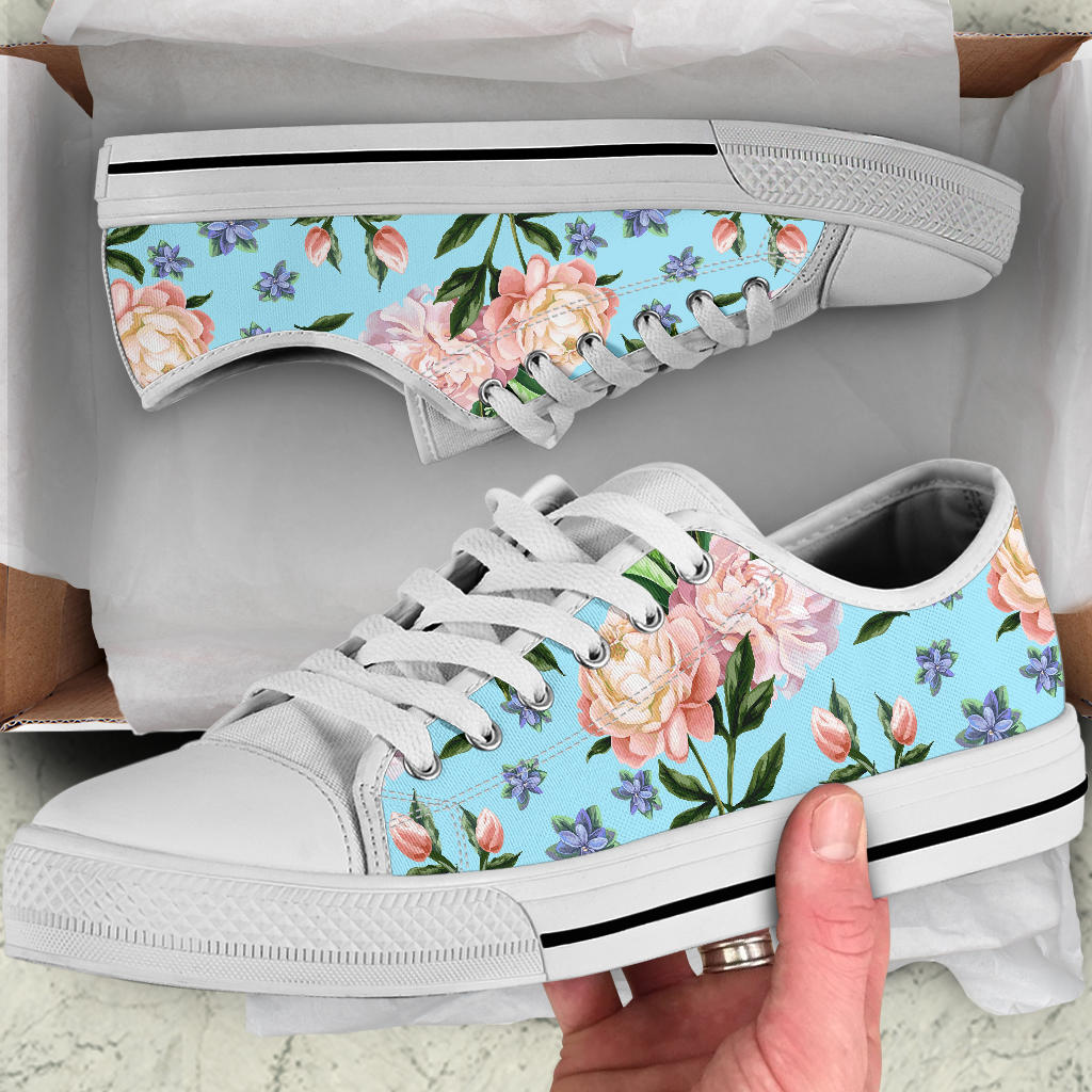 Peony Pattern Print Design PE02 White Bottom Low Top Shoes