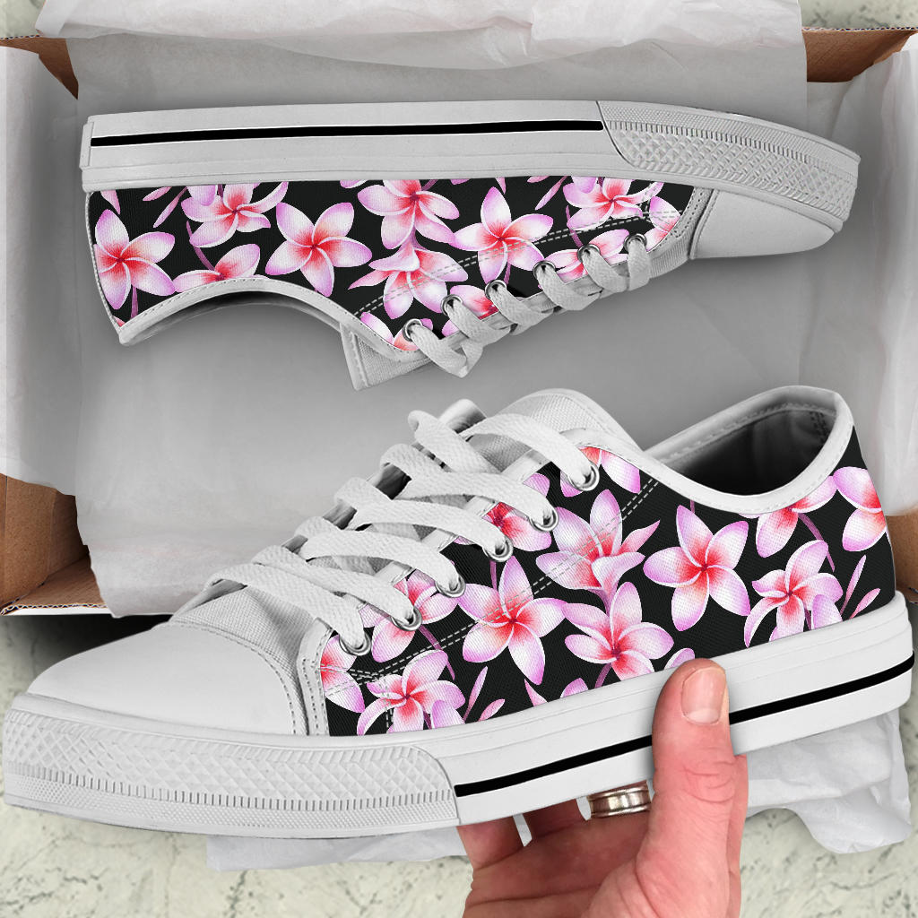 Pink Plumeria Pattern Print Design PM09 White Bottom Low Top Shoes
