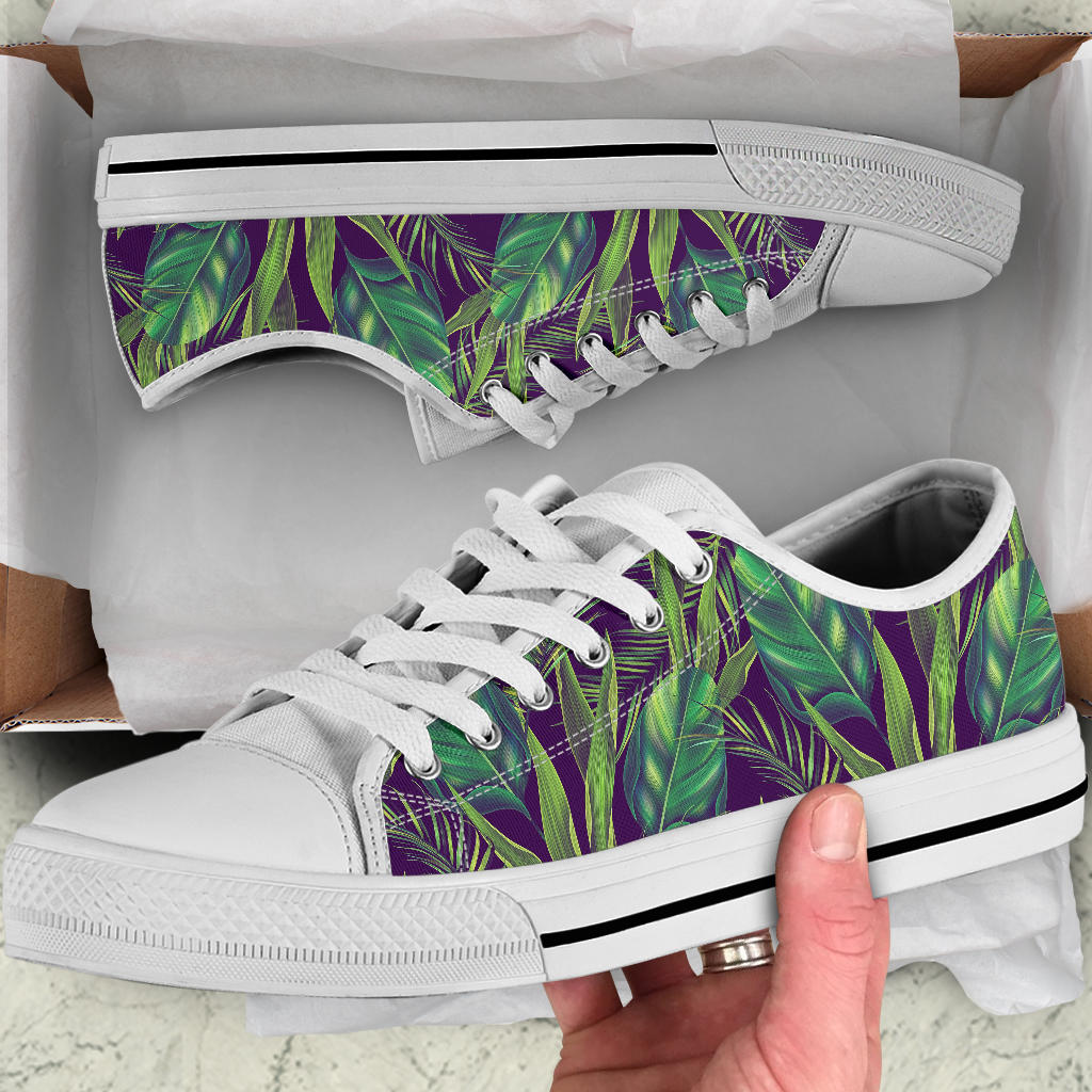 Palm Leaves Pattern Print Design PL03 White Bottom Low Top Shoes