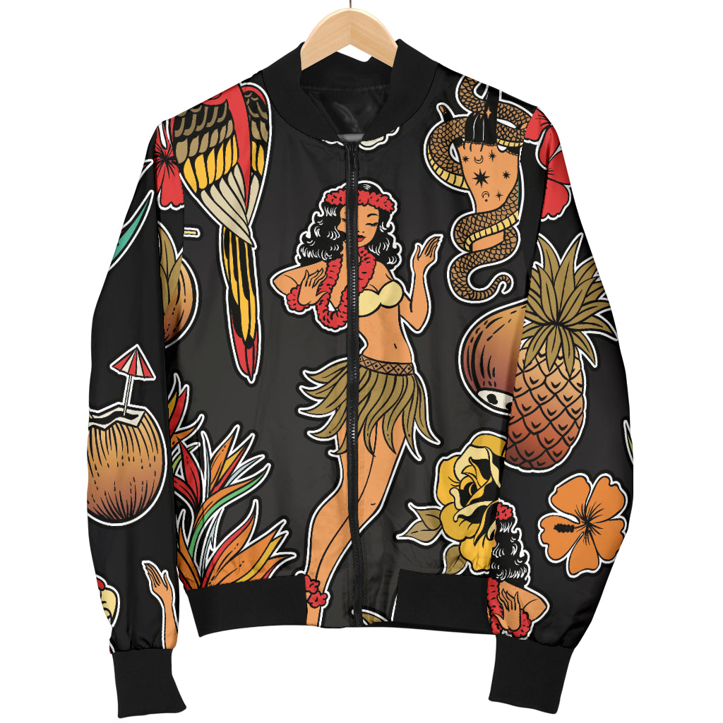 Hula Dancers Hawaiian Style Pattern Print Design 02 Women's Bomber Jacket