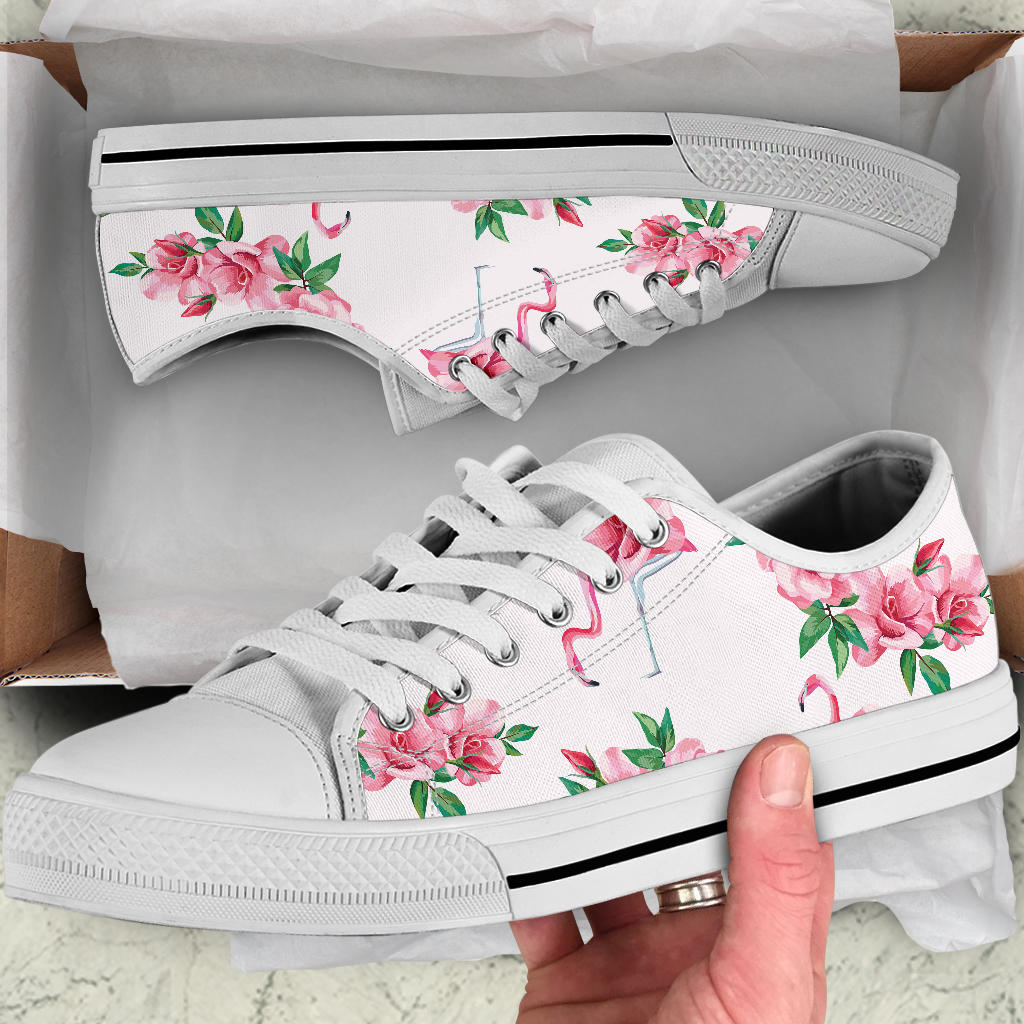 Flamingo Rose Pattern White Bottom Low Top Shoes