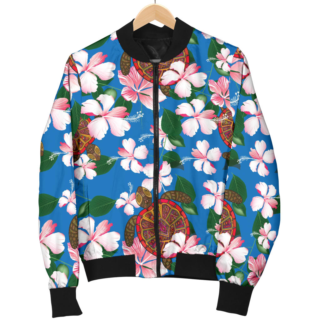 Sea Turtle Pink Hibiscus Hawaiian Print Women Bomber Jacket
