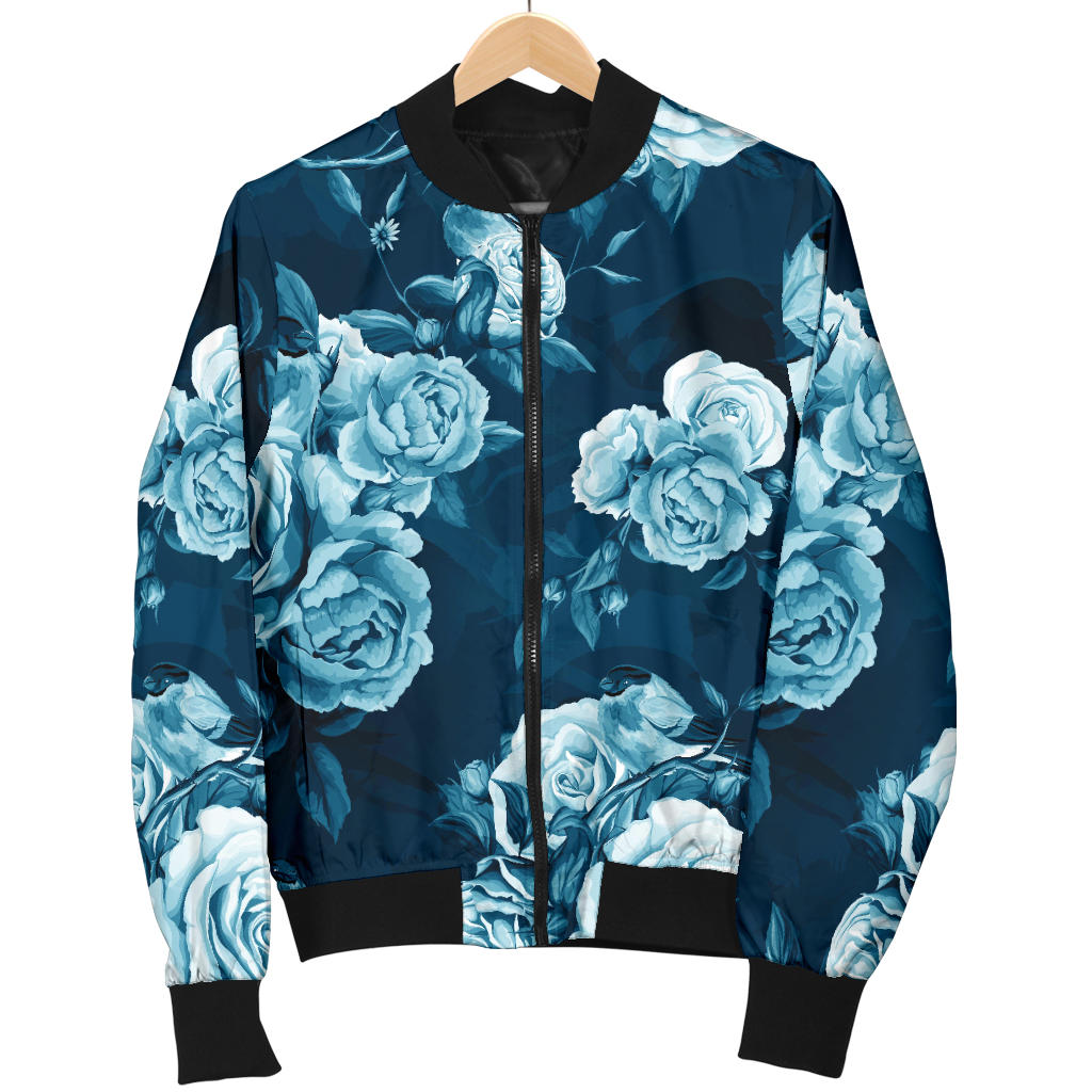 Rose Blue Pattern Print Design RO014 Women Bomber Jacket