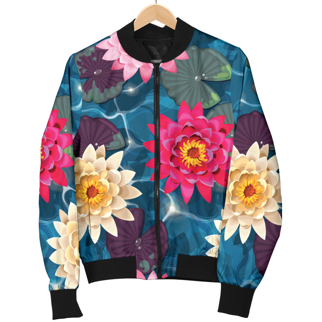 Water Lily Pattern Print Design WL05 Women Bomber Jacket